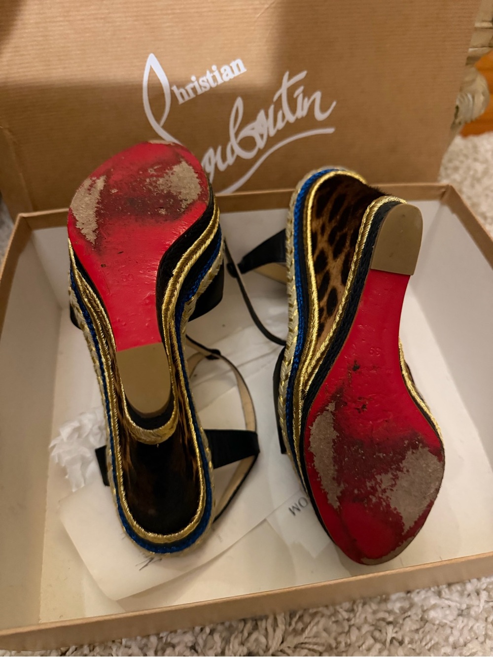 Christian Louboutin Leopard Print and Blue Trim Wedge Sandals with Red Soles - Picture 5 of 6